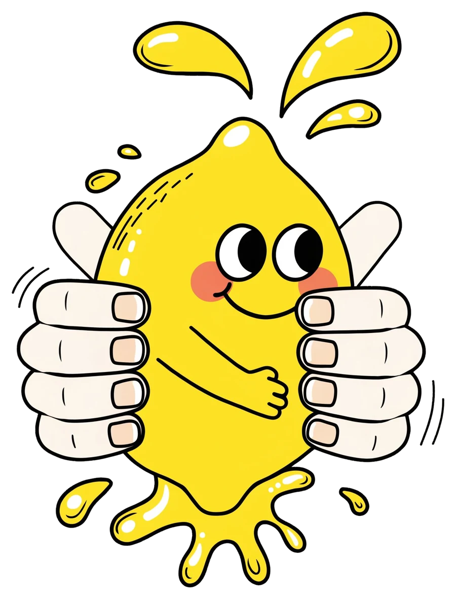 LemonSqueeze mascot: a happy lemon being squeezed by two hands with juice splashing out — a metaphor for compressed, optimized Webflow images